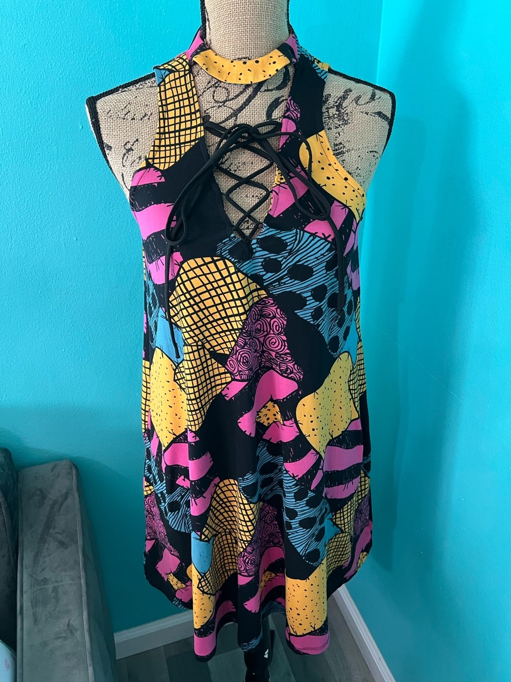 EUC Disney’s Nightmare before Christmas Sally’s Iconic Patchwork Pattern Dress